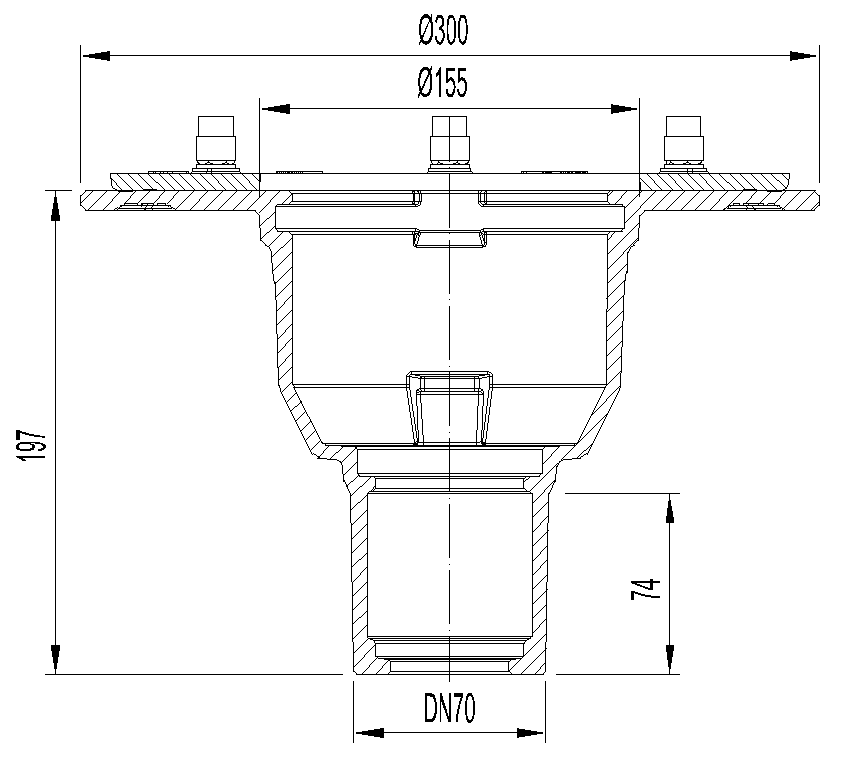 Esquema técnico do corpo de ralo NEW SELECTA, fabricado em fundição com pintura bituminosa, de dimensões Ø155 H197, com aro para fixação mecânica de tela, saída vertical DN70, sem sifão.