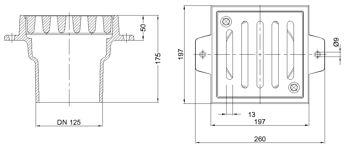 Esquema técnico del sumidero Compact, de dimensiones 197x197mm, 175mm de altura y con salida vertical DN 125.