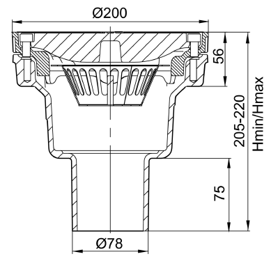 Esquema de sumidero sin sifón tipo ACO PARKDRAIN, fabricado en fundición. De medidas Ø200 mm, altura total exterior de 205 mm, salida vertical DN70 ref.59320002
