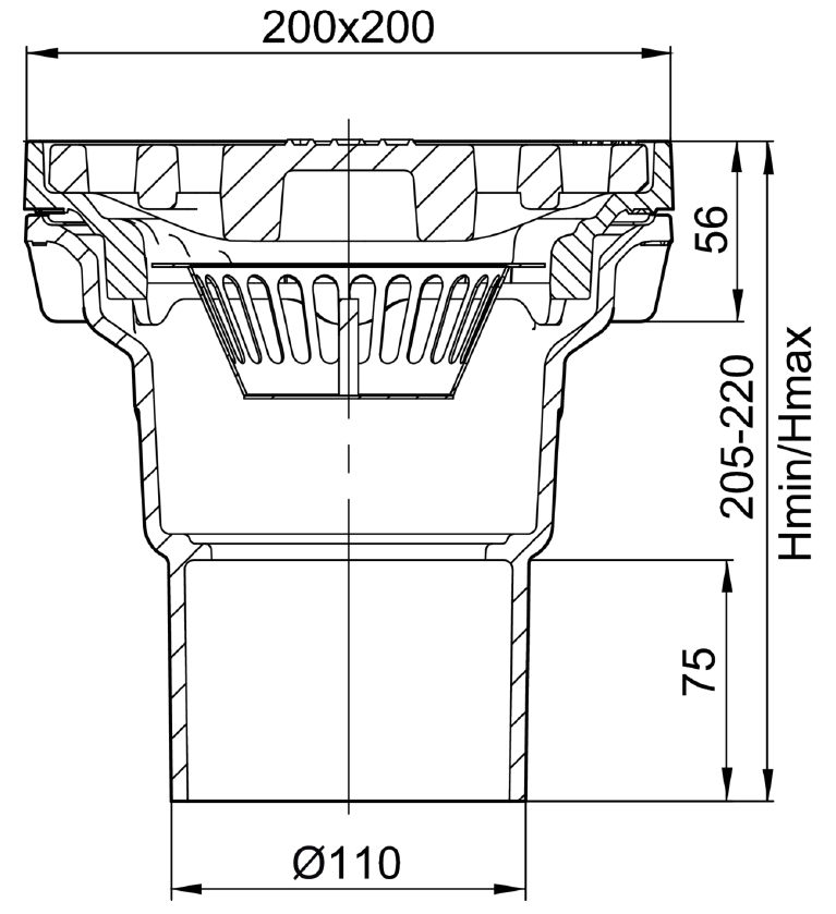 Esquema do sumidouro sem sifão tipo ACO PARKDRAIN, realizado em ferro fundido. Com medidas 200x200 mm, altura total exterior de 205 mm, saída vertical DN100 ref.59350002