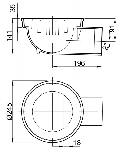 Esquema técnico del sumidero COMPACT, fabricado en fundición, de dimensiones Ø245 H141, salida horizontal DN100, sin sifón, con reja ranurada clase de carga M125.