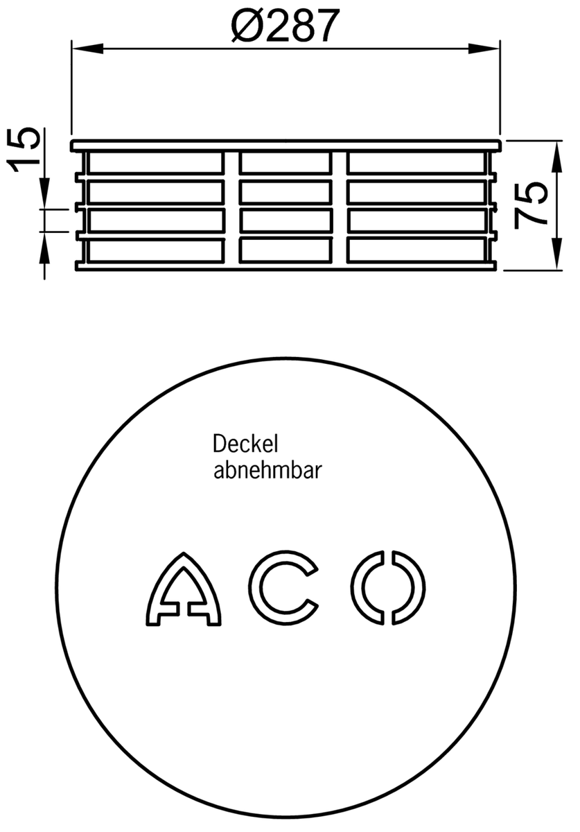 Esquema técnico de la reja para sumidero GRAVITY, reja paragravilla en acero inoxidable AISI304 , de dimensiones Ø287 H75 con sistema de fijación por tornillos, clase de carga H1,5.