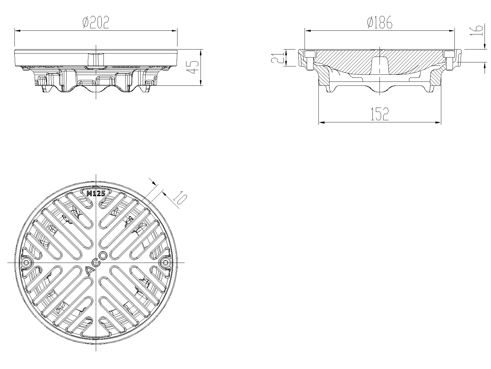 Esquema para Reja para sumidero tipo ACO GRAVITY DN70-100, fabricada en fundición, con un marco perimetral de Ø200mm y 45 mm de altura. Reja tipo ranurada con ancho visible de ø186 mm y ranuras de 10, apta para clase de carga M125, con fijación.