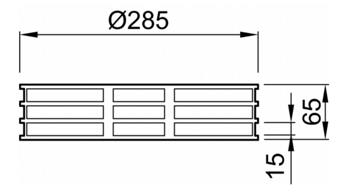 Esquema técnico del realce para reja de sumidero GRAVITY, fabricado en acero inoxidable AISI304, de dimensiones Ø285 H65.