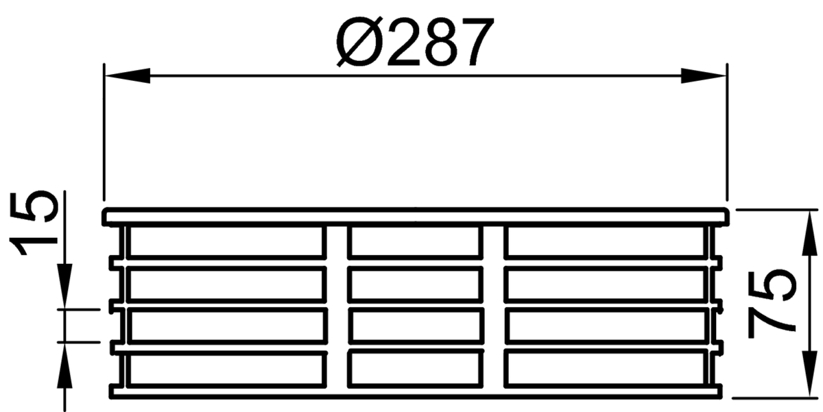 Esquema técnico de la reja para sumidero GRAVITY, reja paragravilla en acero galvanizado, de dimensiones Ø287 H75 con sistema de fijación por tornillos, clase de carga H1,5.