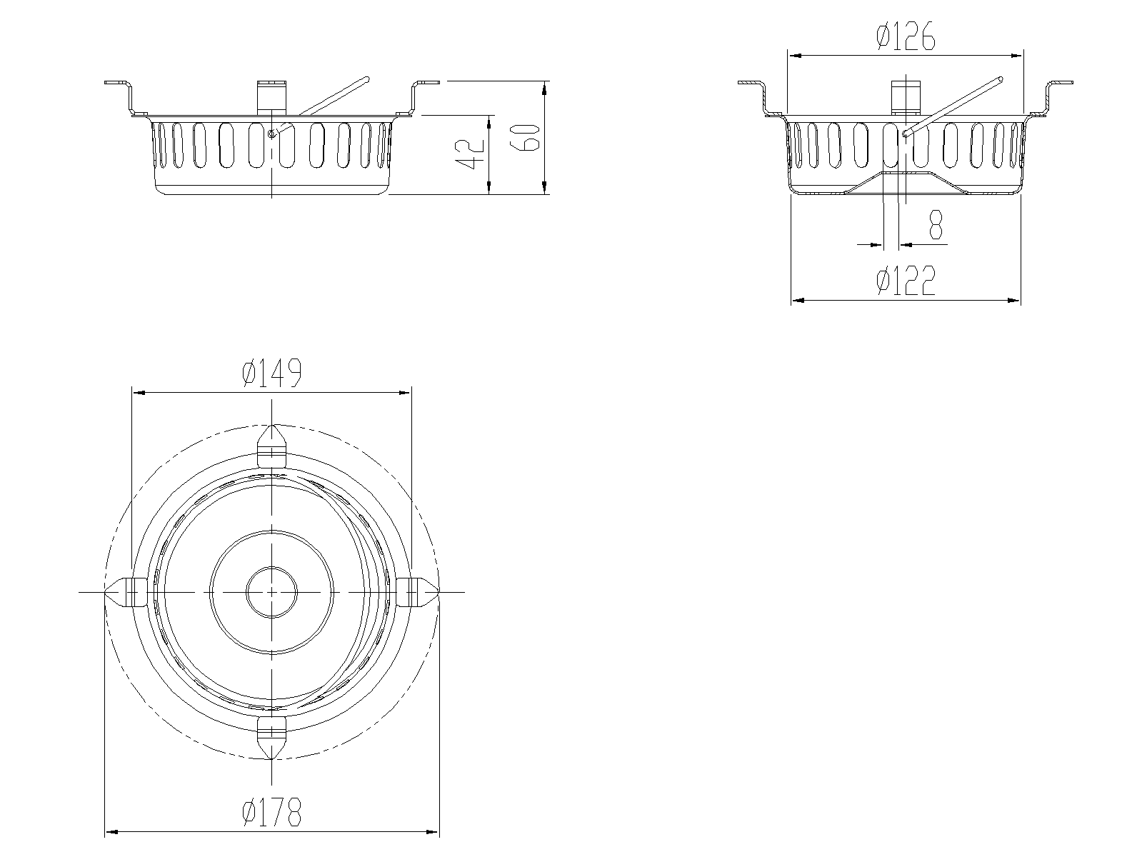 Esquema de cestillo para sumideros ACO GRAVITY de salida vertical DN125-150, altura exterior 42 mm, realizado en acero inoxidable AISI 304. Capacidad de 0,5 litros.