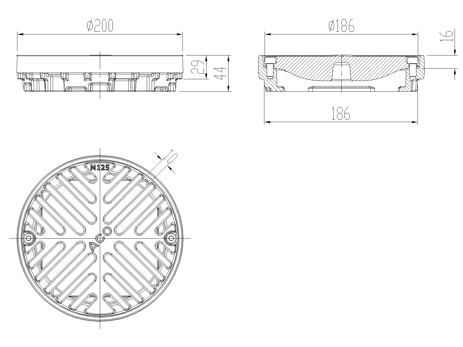 Esquema de reja para sumidero tipo ACO GRAVITY DN125-150, fabricada en fundición, con un marco perimetral de Ø200mm y 44 mm de altura. Reja tipo ranurada con ancho visible de ø186 mm y ranuras de 10, apta para clase de carga M125