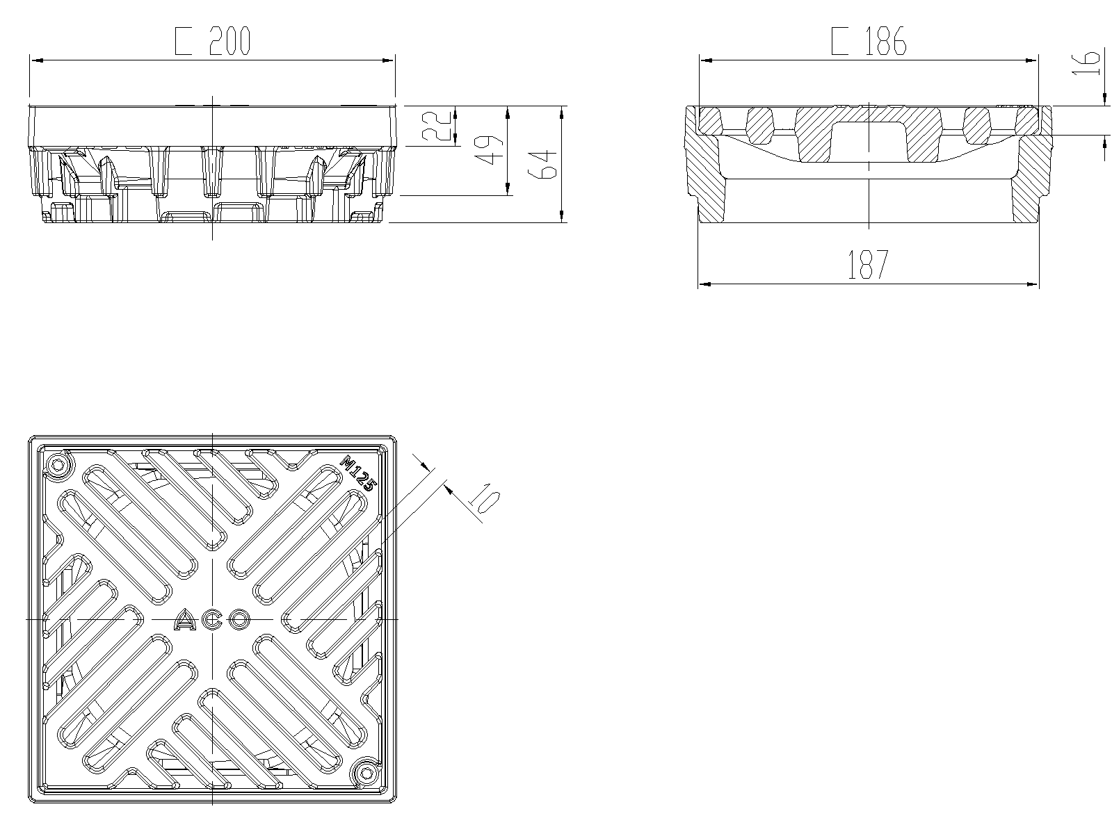 Esquema de reja para sumidero tipo ACO GRAVITY DN125-150, fabricada en fundición, con un marco perimetral de 200x200mm y 49 mm de altura. Reja tipo ranurada con ancho visible de 186 mm y ranuras de 10, apta para clase de carga M125