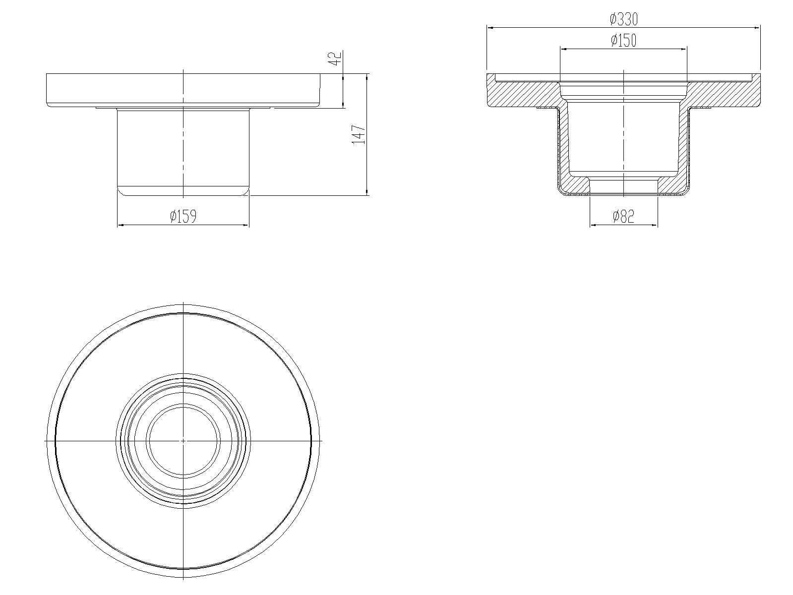 Esquema de aislante de poliuretano para fondo sumidero de cubiertas ACO GRAVITY con salida vertical DN70-90.  Aislante con chapa protectora de acero inoxidable para actuación como escudo RF ref.70332003