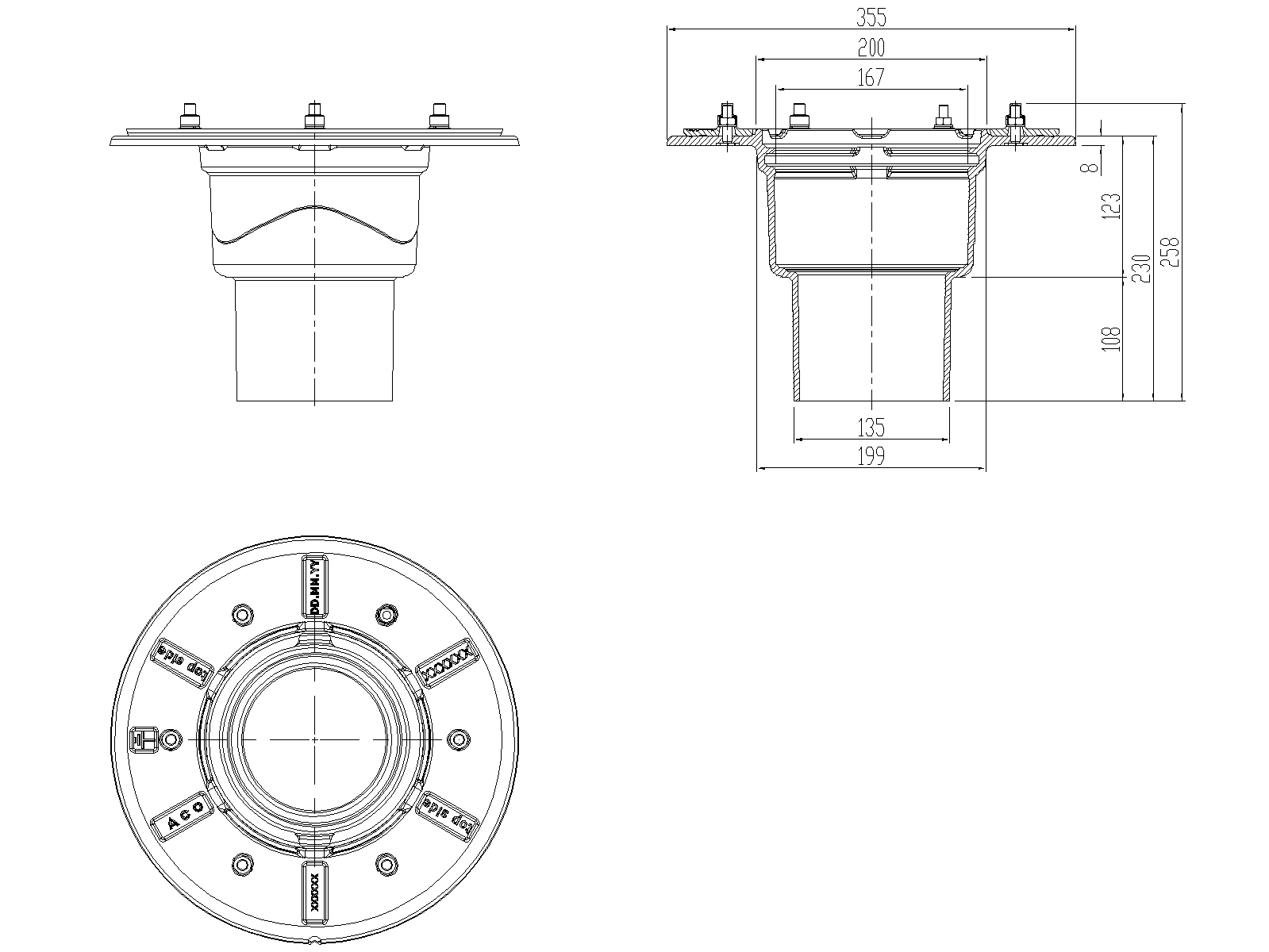 Esquema de fondo no sifónico de sumidero de cubiertas de fundición tipo ACO GRAVITY para impermeabilización con salida vertical DN125 ref.70351012