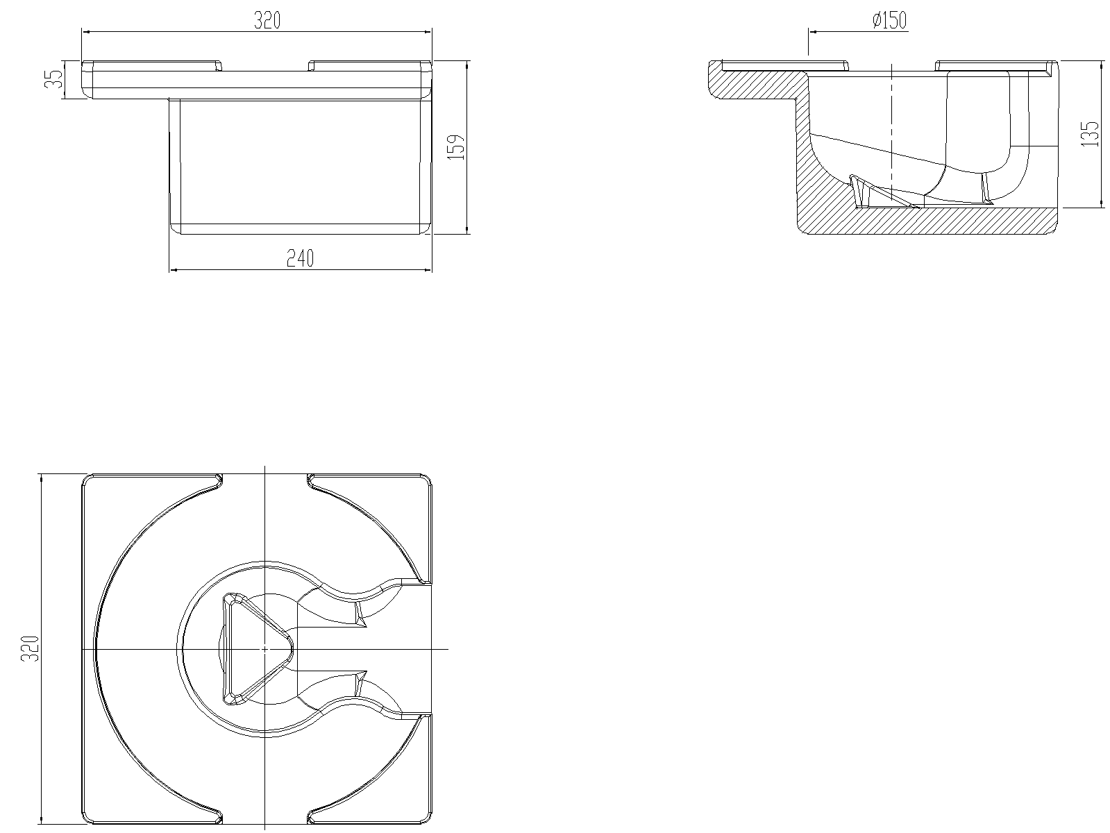 Esquema de aislante de poliuretano para fondo sumidero de cubiertas ACO GRAVITY con salida horizontal DN100 ref.70403102