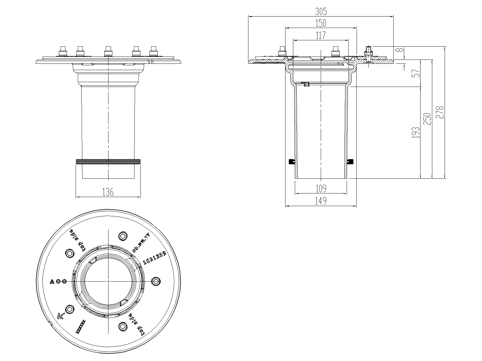 Esquema de realce en fundición con recubrimiento de pintura bituminosa para sumideros tipo ACO GRAVITY DN125/150 ref.70471022