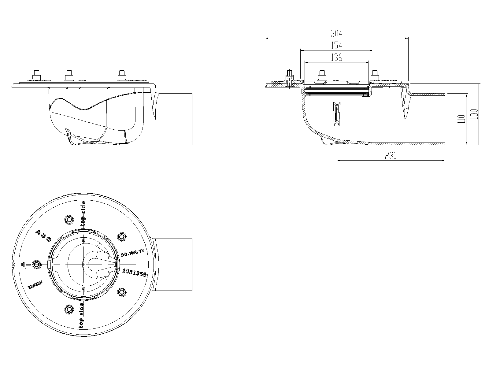 Esquema CAD de fondo no sifónico de sumidero de cubiertas de fundición tipo ACO GRAVITY para impermeabilización con salida horizontal DN100 ref.70541112