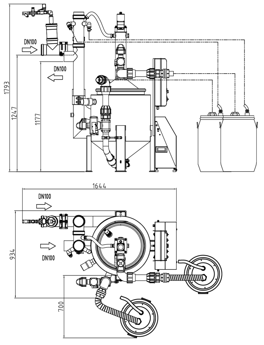 Esquema técnico del separador de grasas aéreo LIPATOR-S-RA NS2 de acero inodixable AISI304, de dimensiónes L1644 A934 H1793 DN100.