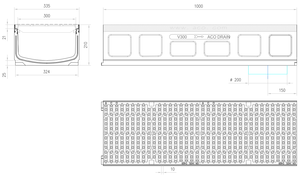 Esquema técnico do canal MULTIDRAIN 300 L1000 H210 em betão polímerico com grelha passarela em fundição D400, sistema de fixação Drainlock e pré-marca rompivel vertical DN/OD 200