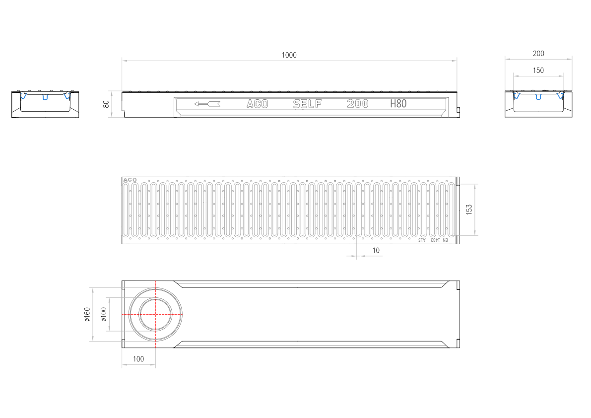 Esquema técnico del conjunto de canal SELF 200 L1000 H80 en hormigon polímero con premarca para salida vertical DN/OD 110/160 y reja pasarela en acero galvanizado A15 con sistema de fijación por Springlock