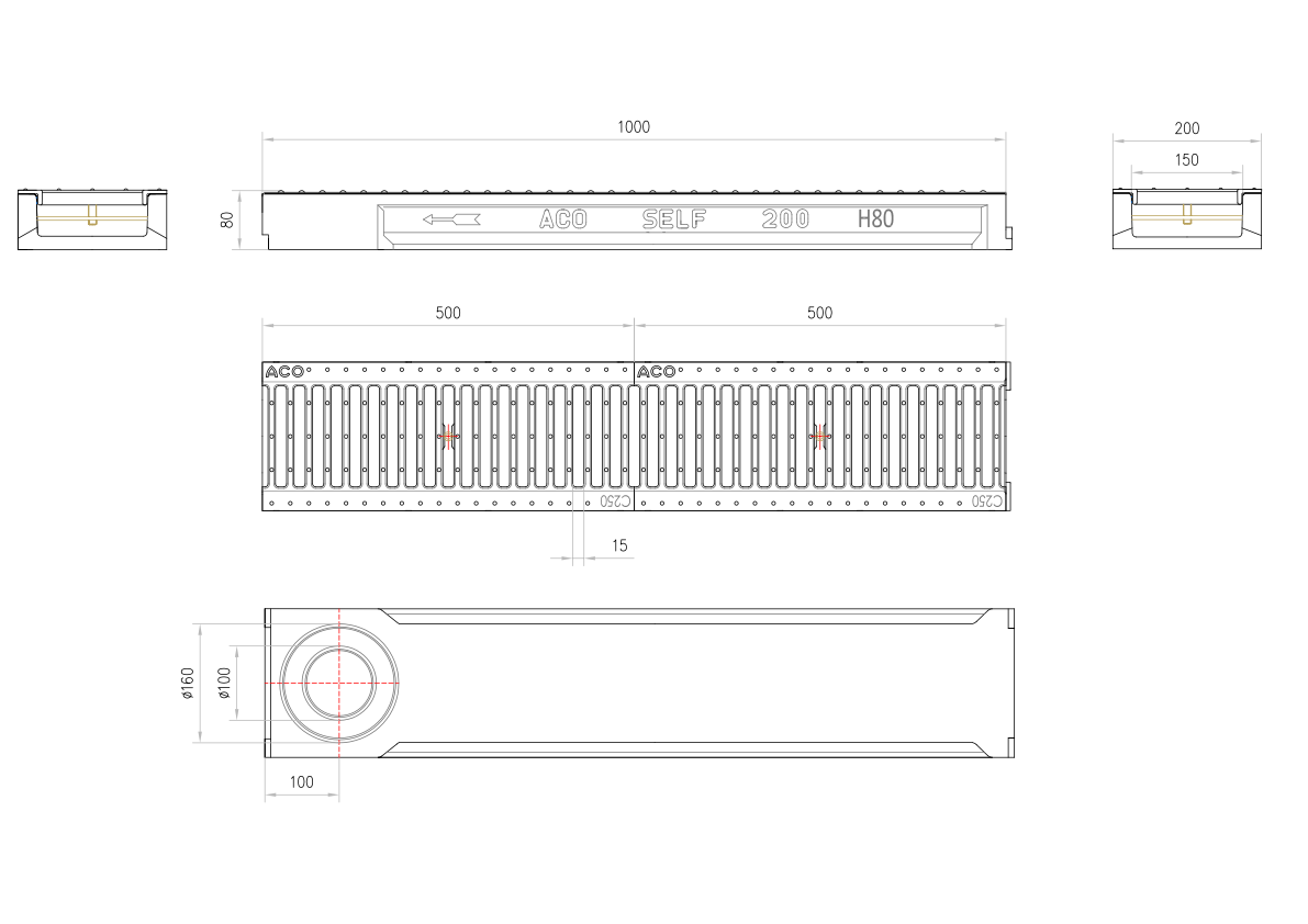 Esquema técnico del conjunto de canal SELF 200 L1000 H80 en hormigon polímero con premarca para salida vertical DN/OD 110/160 y reja pasarela en fundición C250 con sistema de fijación por clavija