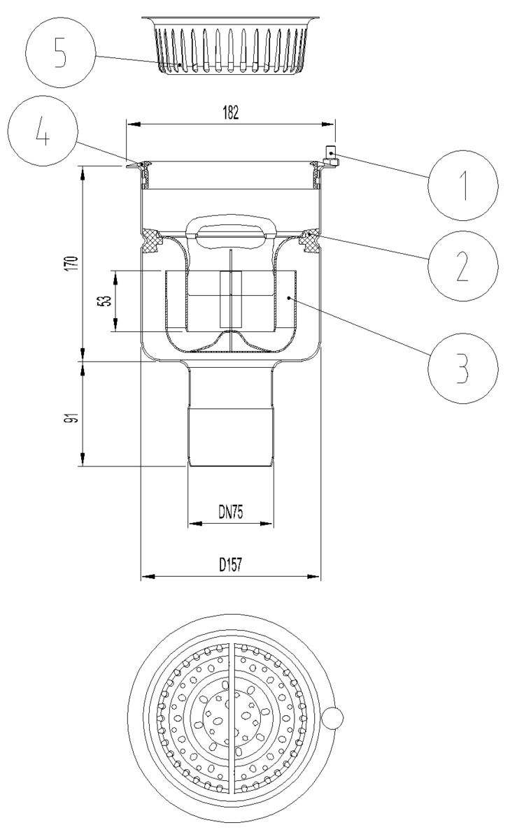 Esquema técnico del fondo sumidero industrial EG TELESCOPICO, fabricado en acero inoxidable AISI304, de dimensiones Ø182 H261 fondo Ø157, sin marco, salida vertical DN75, con sifón y cestillo.