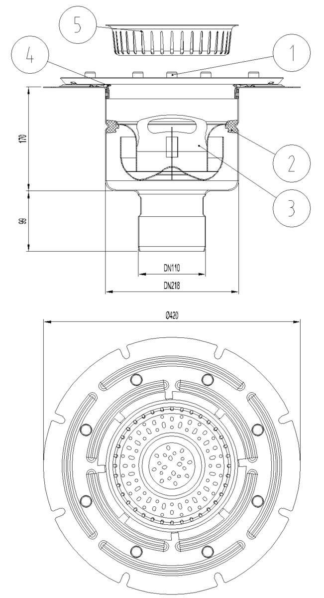 Esquema técnico del fondo sumidero industrial EG TELESCOPICO, fabricado en acero inoxidable AISI304, de dimensiones Ø418 H269 fondo Ø218, con marco para clipaje de tela, salida vertical DN110, con sifón y cestillo.