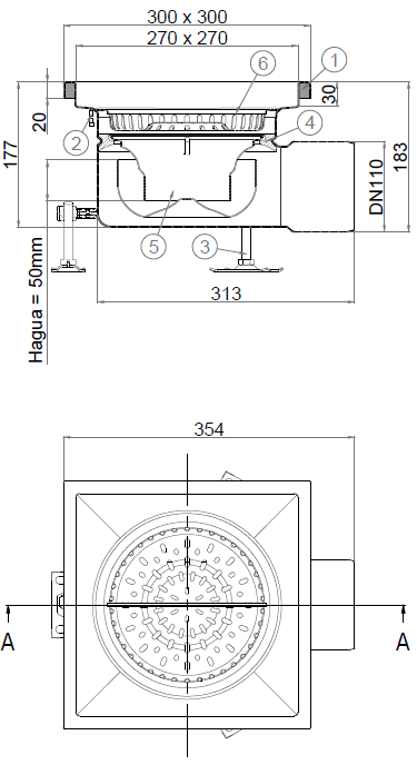 Esquema en formato .png del conjunto sumidero higiénico ACO EG 300 redondo en acero inoxidable AISI304 con relleno del ala de PUR, fondo Ø218 con salida horizontal DN110. Incluye cestillo. Caudal: 4,4l/s.