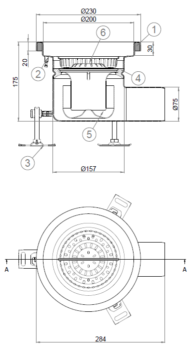 Esquema en formato .png del conjunto sumidero higiénico ACO EG Ø230 redondo en acero inoxidable AISI304 con relleno del ala de PUR, fondo Ø157 con salida horizontal DN75. Incluye cestillo. Caudal: 2,6l/s.