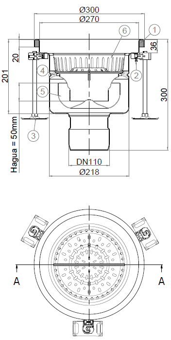 Esquema 2D en formato .png del conjunto sumidero higiénico ACO EG Ø300 redondo en acero inoxidable AISI304 con relleno del ala de PUR, fondo Ø218 con salida vertical DN110. Incluye cestillo. Caudal: 5l/s.