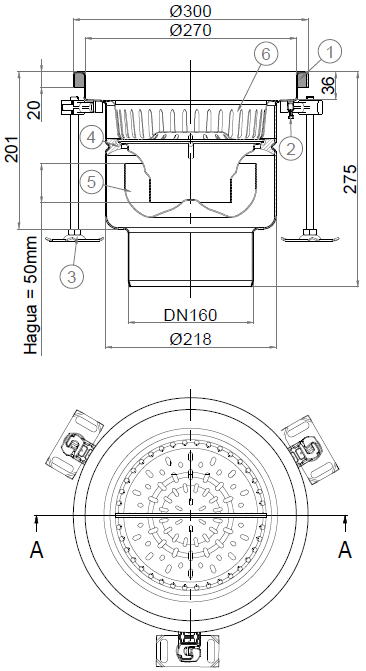 Esquema en formato .png del conjunto sumidero higiénico ACO EG Ø300 redondo en acero inoxidable AISI304 con relleno del ala de PUR, fondo Ø218 con salida vertical DN160. Incluye cestillo. Caudal: 5l/s.