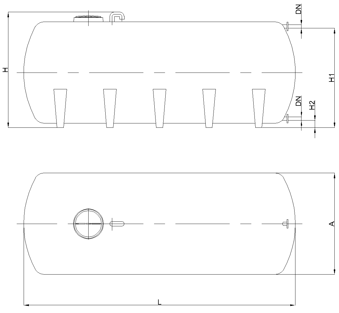 Esquema técnico Cisterna horizontal de superficie con pies de soporte (CHPS). PACK 1 y PACK 2.