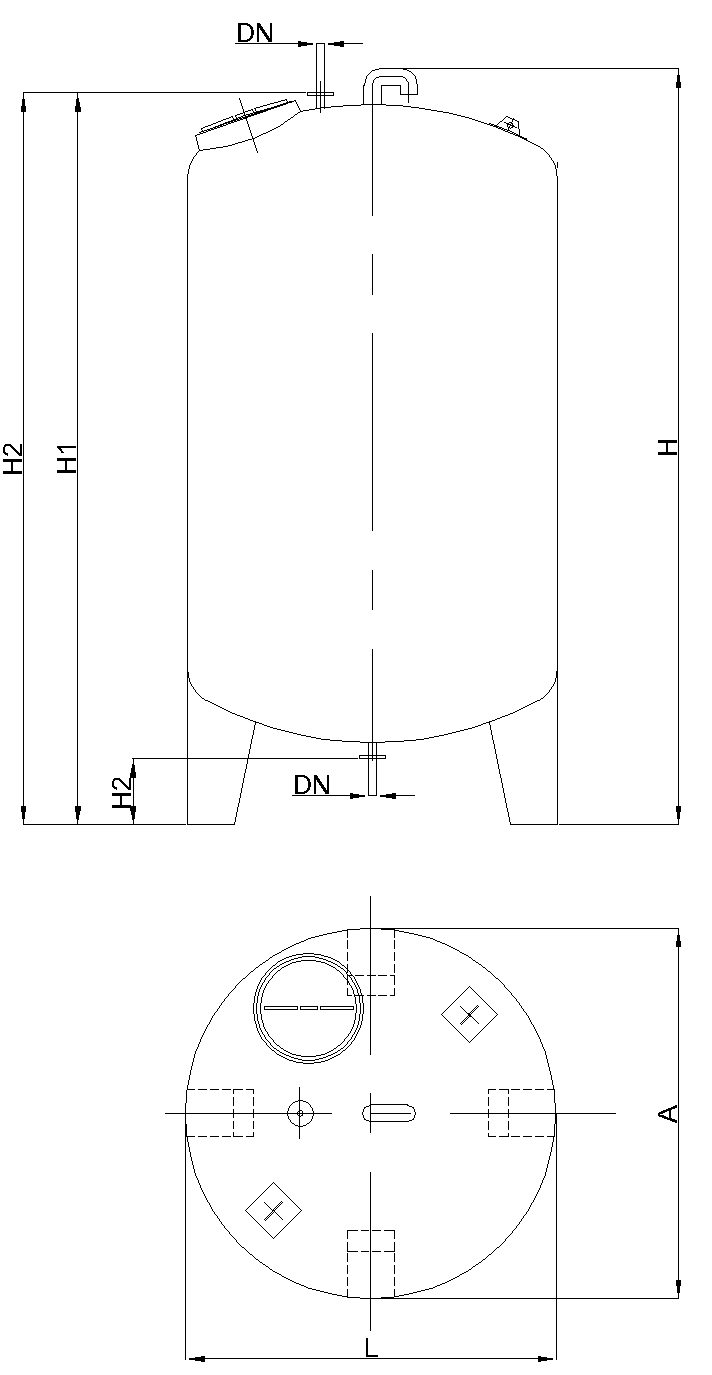 Esquema técnico Cisterna Vertical de superficie con pies de soporte (CVCPS). PACK 1