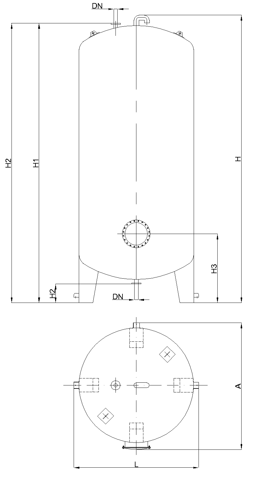 Esquema técnico Cisterna Vertical de superficie con pies de soporte (CVCPS). PACK 3.