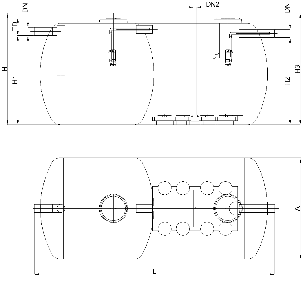 Esquema técnico SBREM formato cisterna horizontal e instalación enterrada.