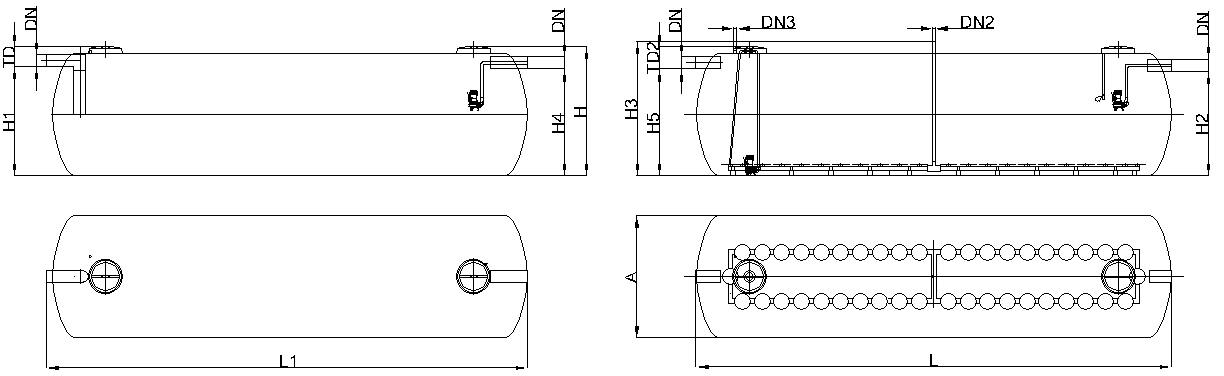 Esquema técnico SBREM formato cisterna horizontal e instalación enterrada 2 piezas