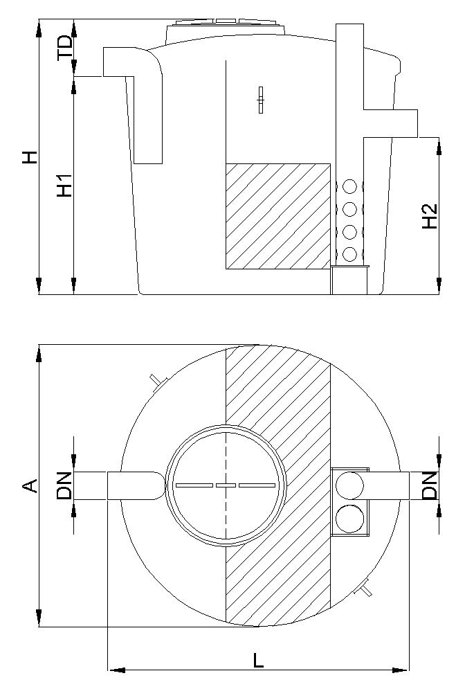 Esquema técnico separador hidrocarburos con coalescencia y obturación modelos SHCO.