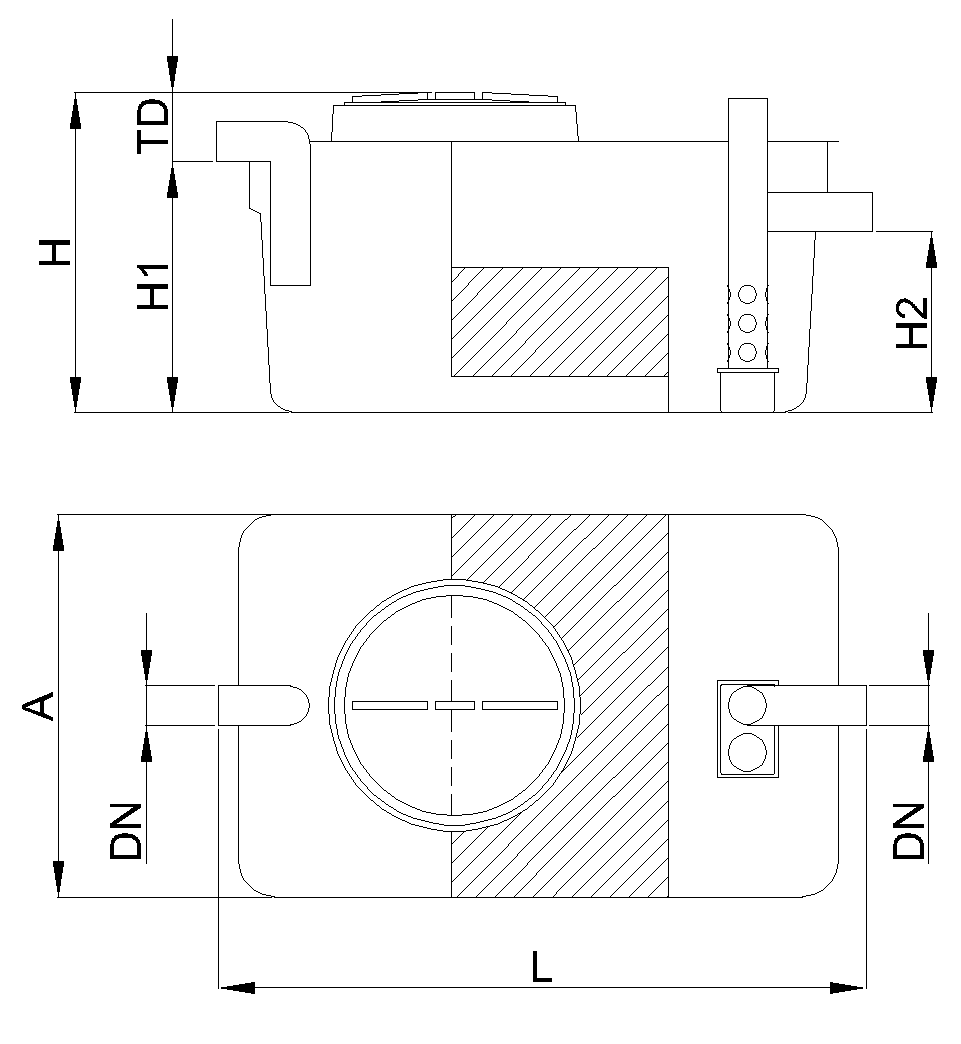 Esquema técnico separador hidrocarburos con coalescencia y obturación en formato rectangular, modelo SHCO.