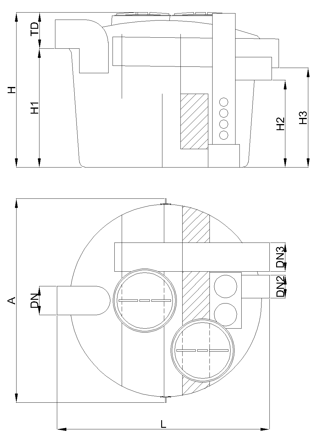 Esquema técnico separador hidrocarburos con desarenador, coalescencia, obturación y by-pass en formato cilíndrico, modelo SHDCO BYP.