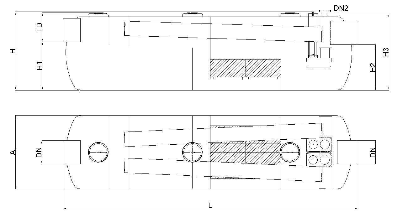 Esquema técnico separador hidrocarburos con desarenador, coalescencia, obturación y by-pass en formato cisterna, modelo SHDCO BYP.