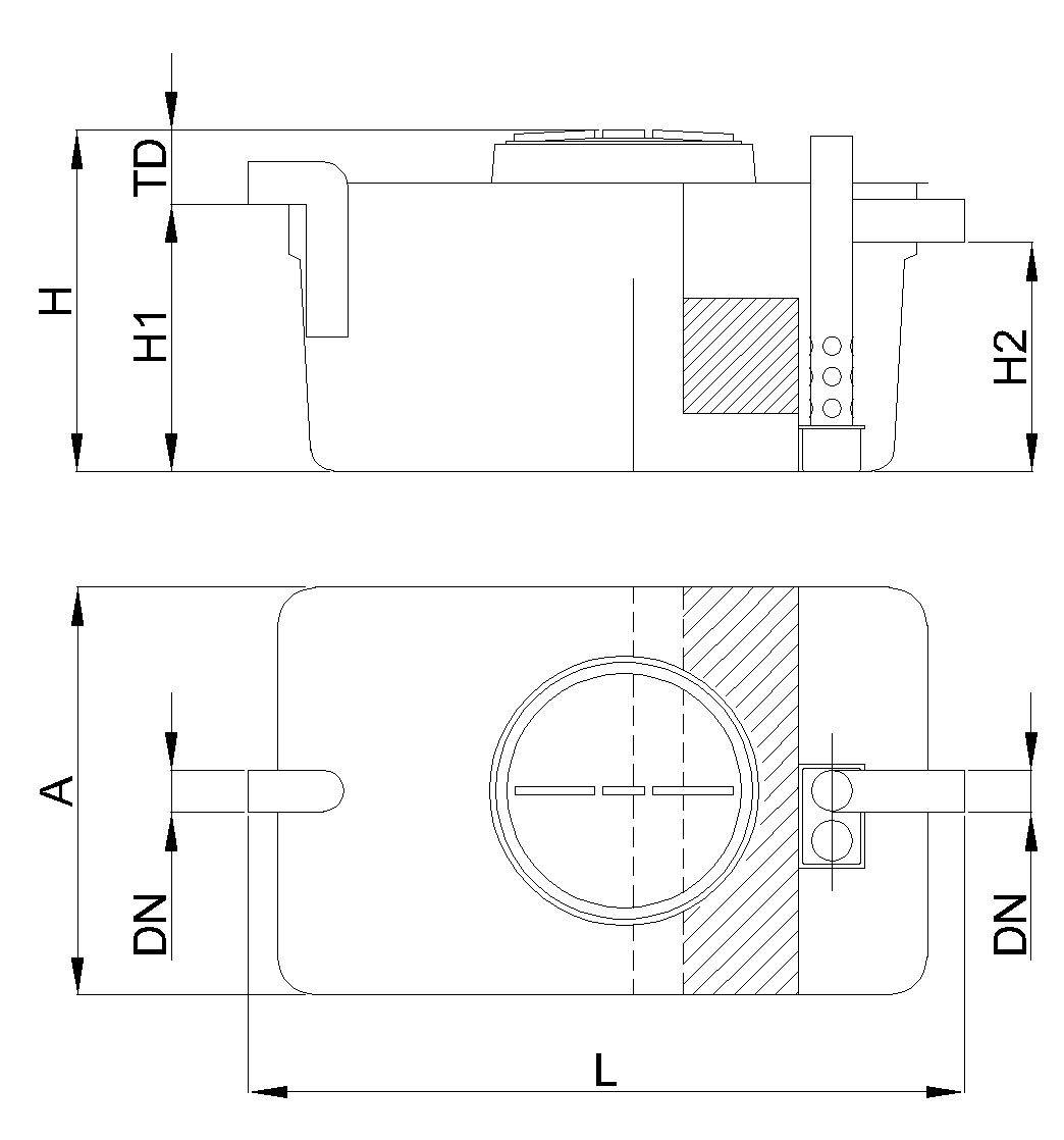 Esquema técnico separador hidrocarburos con desarenador pequeño, coalescencia y obturación en formato cilíndrico, modelo SHDPCO.