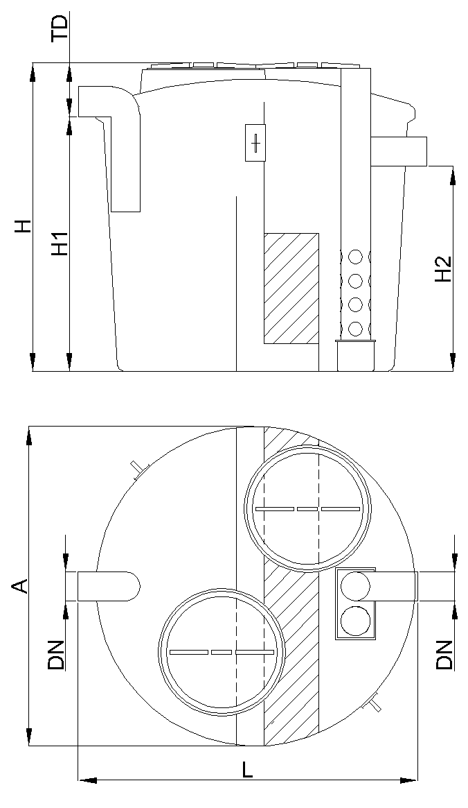 Esquema técnico separador hidrocarburos con desarenador pequeño, coalescencia y obturación en formato cilíndrico, modelo SHDPCO.