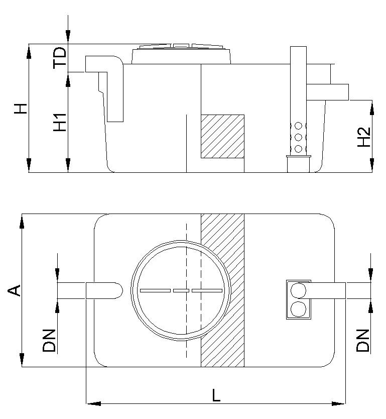 Esquema técnico separador hidrocarburos con desarenador pequeño, coalescencia y obturación en formato rectangular, modelo SHDPCO.