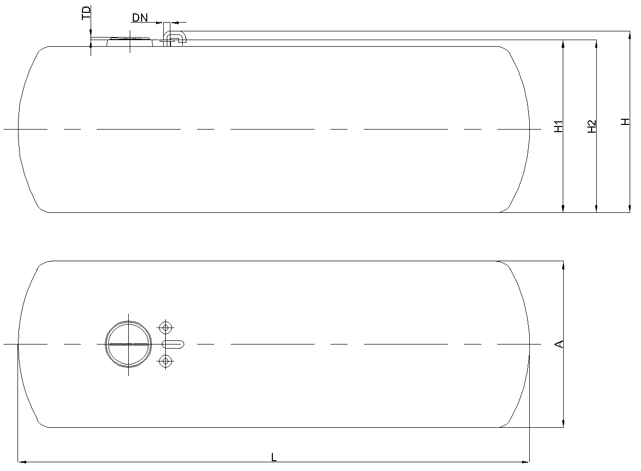 Esquema técnico Cisterna Horizontal de enterrar (CHE). PACK 1 y PACK 2.