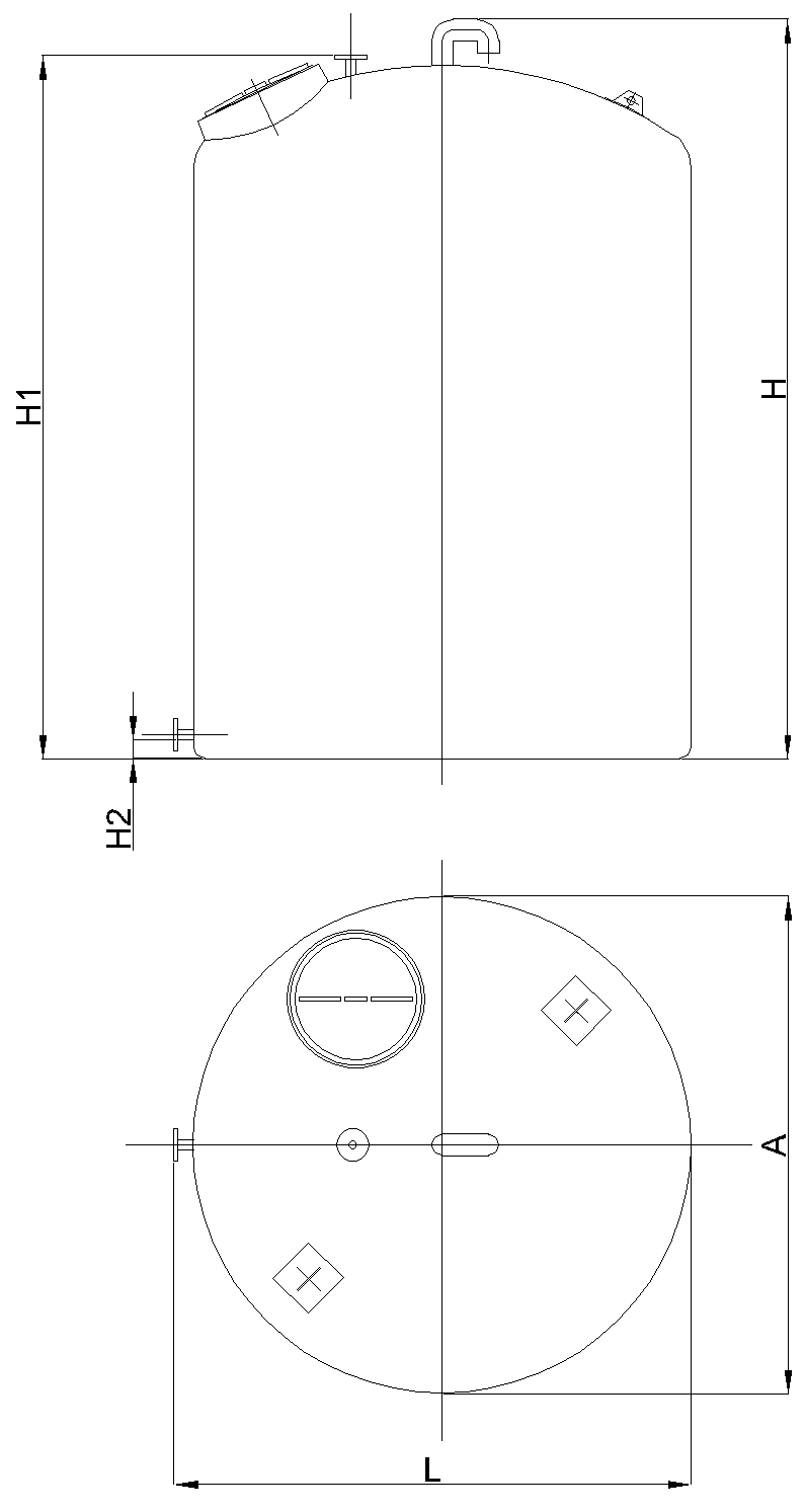 Esquema técnico Cisterna Vertical de superficie con fondo plano (CVCFP). PACK 1