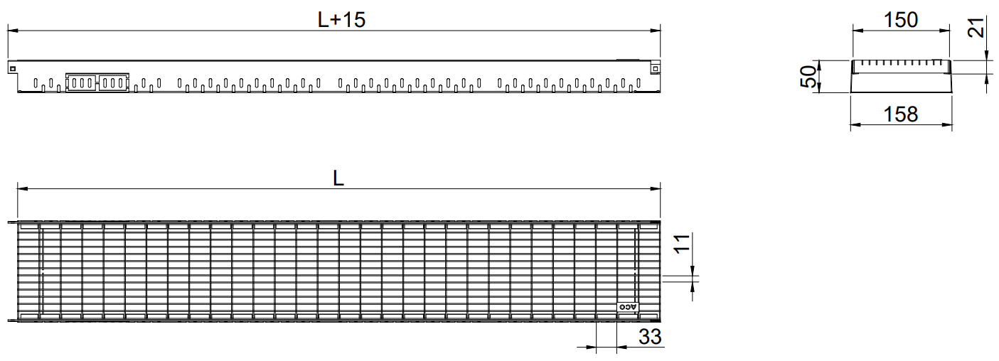 Esquema 2D del canal Greenline 155 H50 con reja tramex 33x11