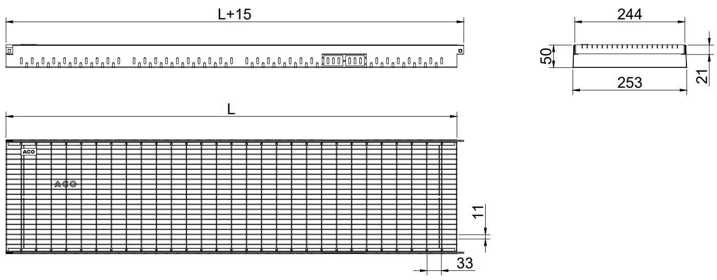 Esquema 2D del canal Greenline 250 H50 con reja tramex 33x11