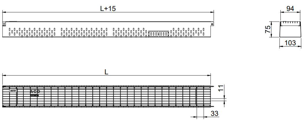 Esquema del canal Greenline 3.0 H75 ancho 100 con reja tramex 33x11