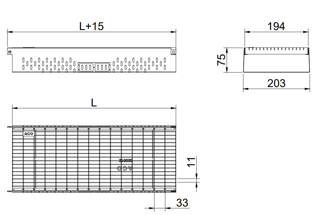 Esquema canal Greenline 3.0 H75 ancho 200 con reja tramex 33x11