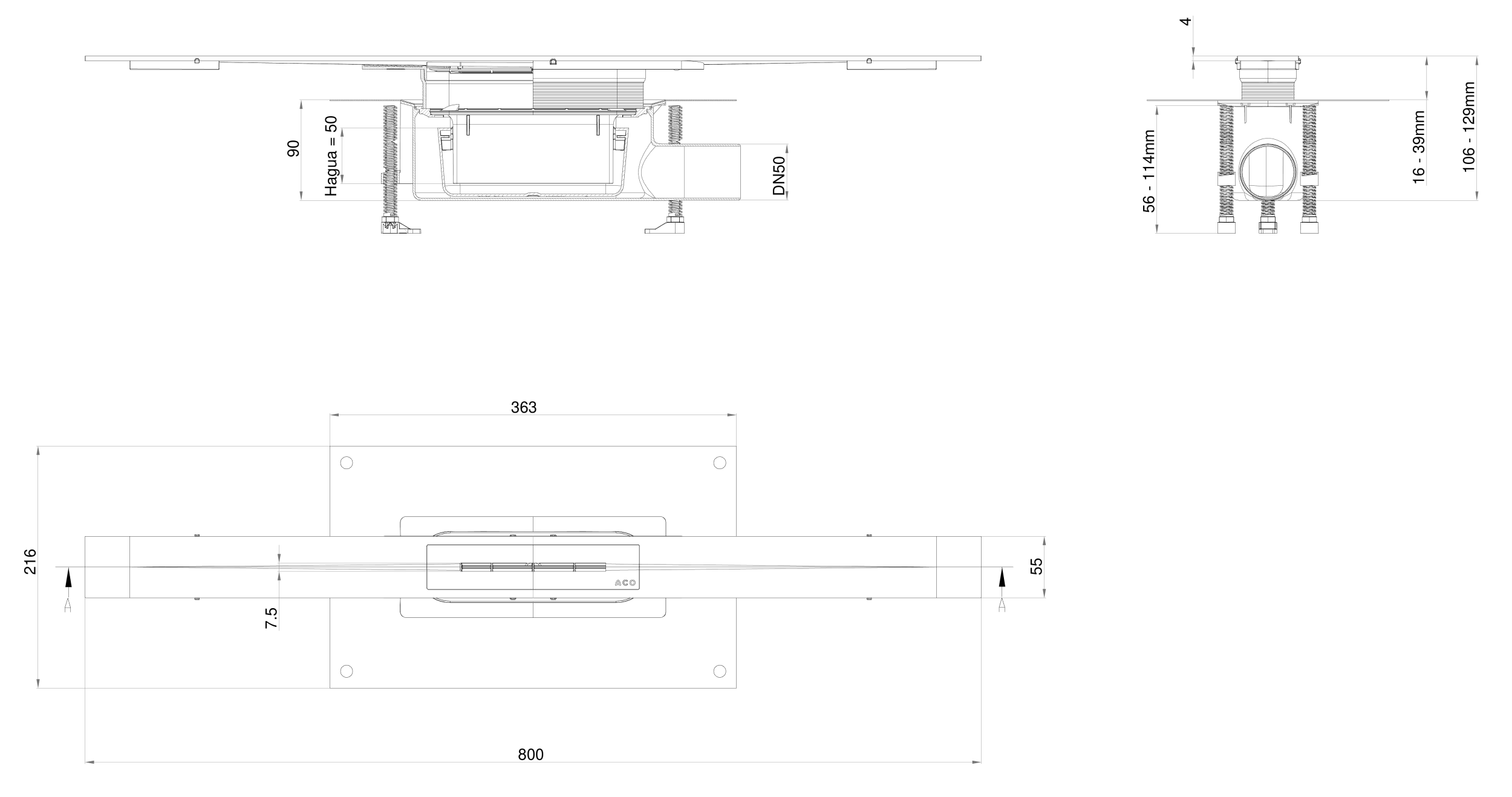 Esquema del canal de duchas Showerdrain S+ STD L800 con reja Plate