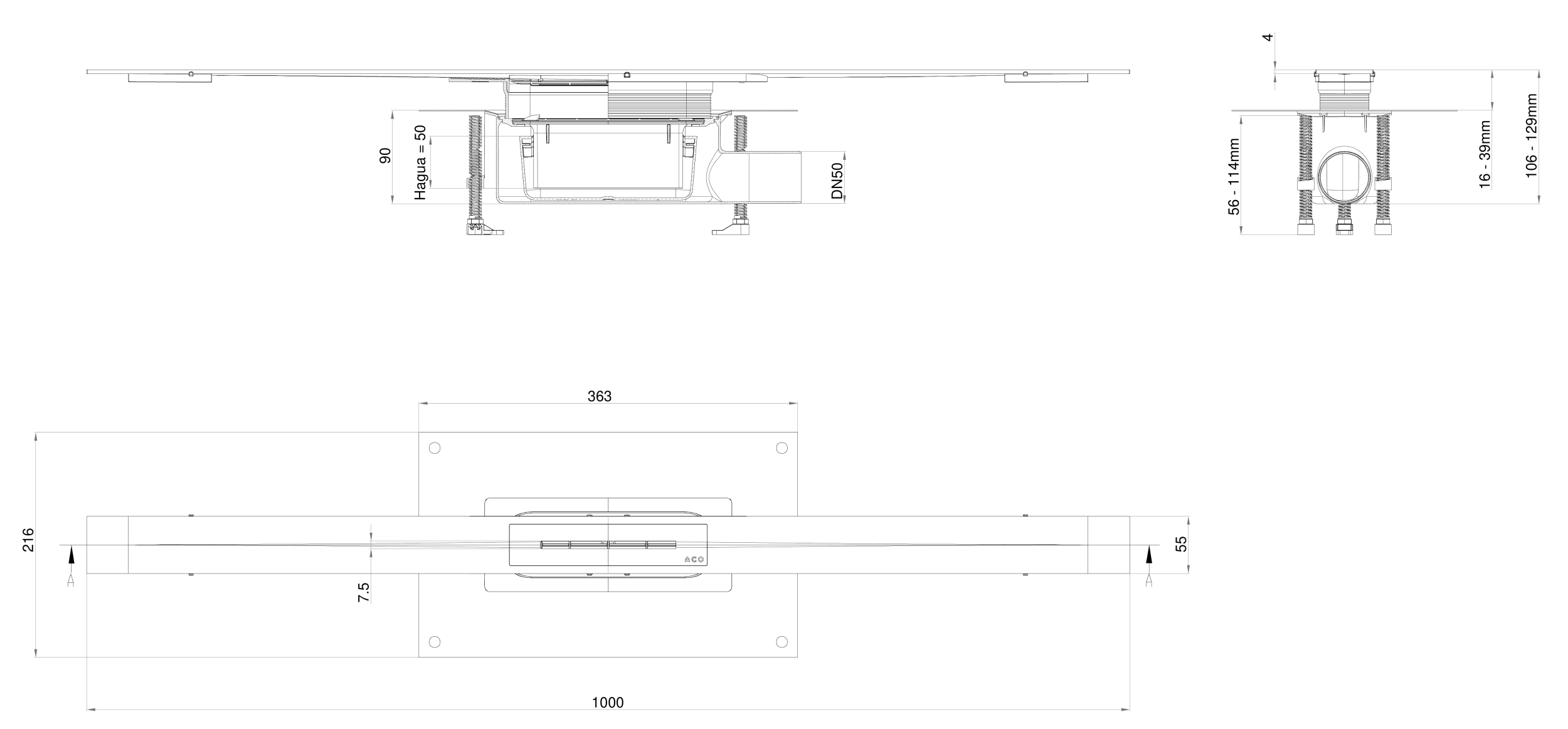 Esquema del canal de duchas Showerdrain S+ STD L1000 con reja Plate