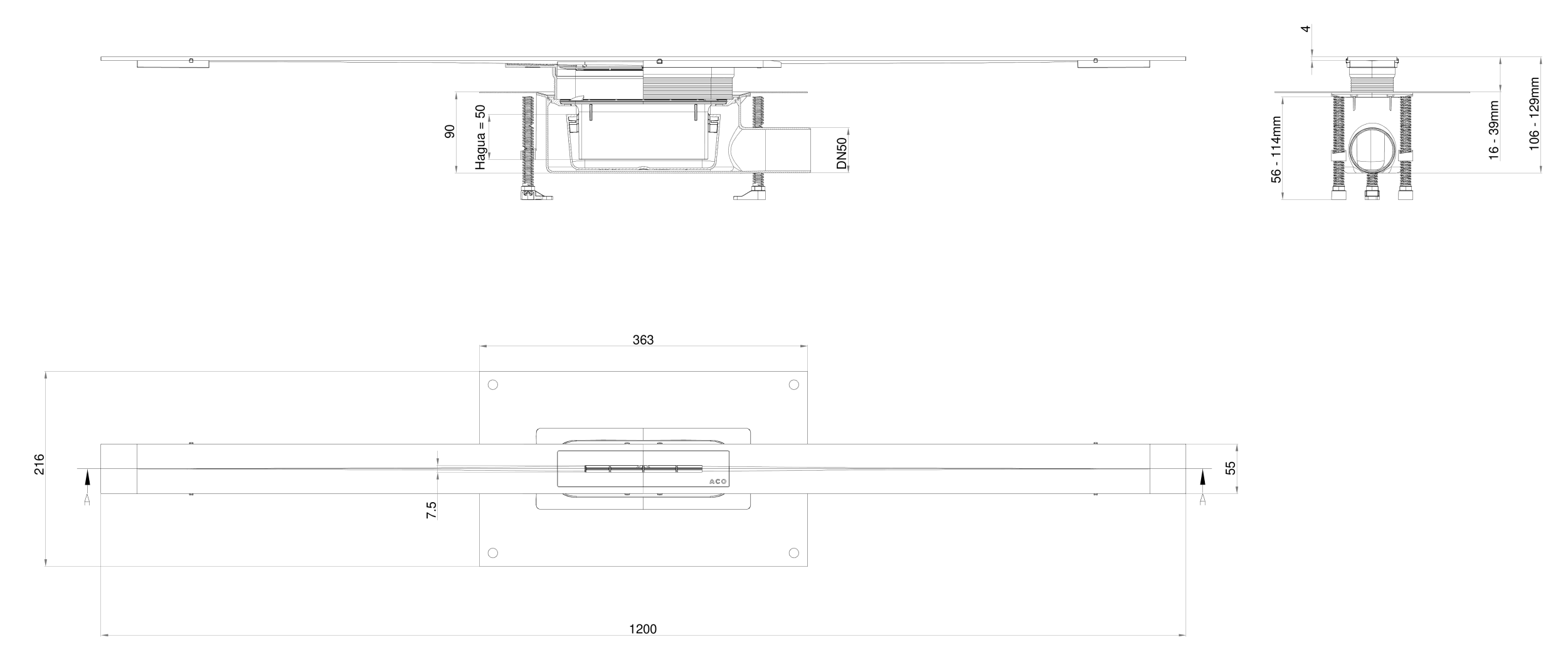 Esquema del canal de duchas Showerdrain S+ STD L1200 con reja Plate