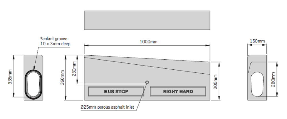 Esquema canal Kerbdrain Bus Stop vado derecho HB305 D400