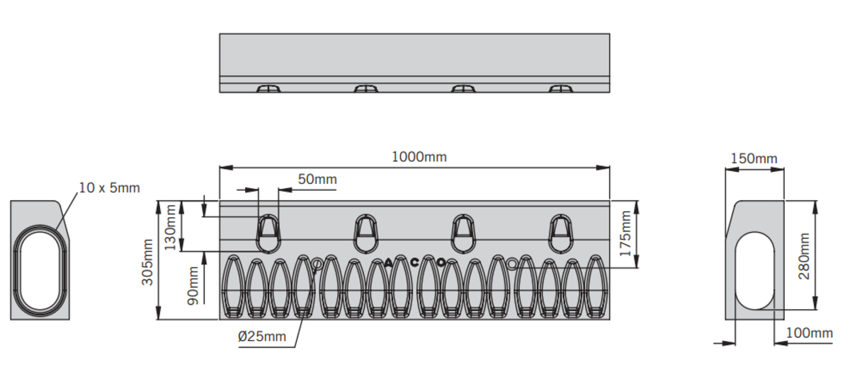 Esquema técnico del canal KERBDRAIN HB305 recto de 1000mm de longitud de hormigón polímero